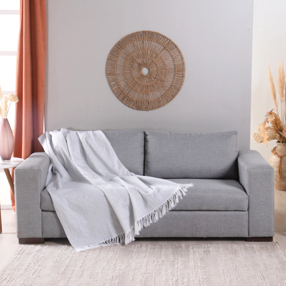 Manta para Sofá Jacquard com Franja — Grid — Cinza